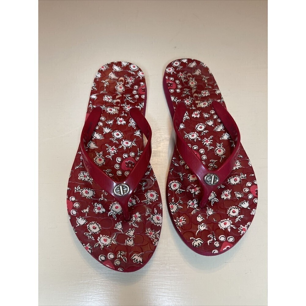 Coach Abigail Red Floral Flip Flops 7-8